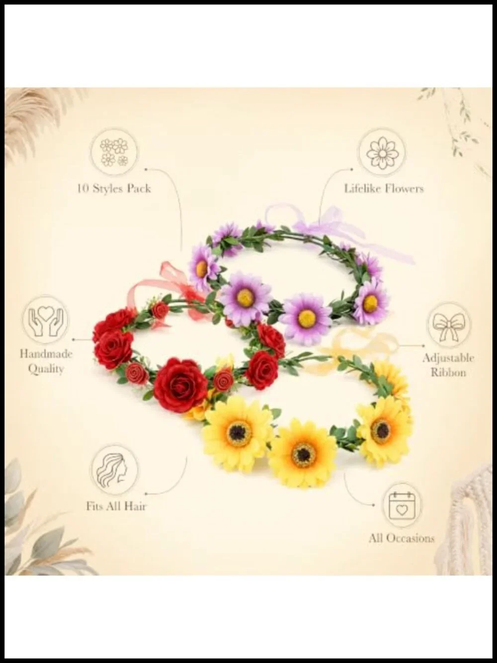 Handmade Flower Crown Headbands for Women Wedding Hawaiian Party 10 Pack